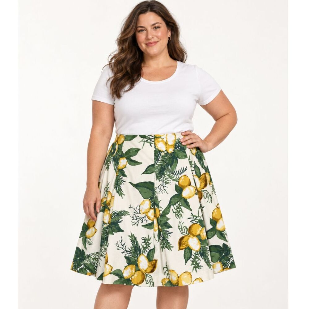 Talbots 18W Lemon Print Pleated A-Line Skirt Cotton Stretch Lined Plus Size
